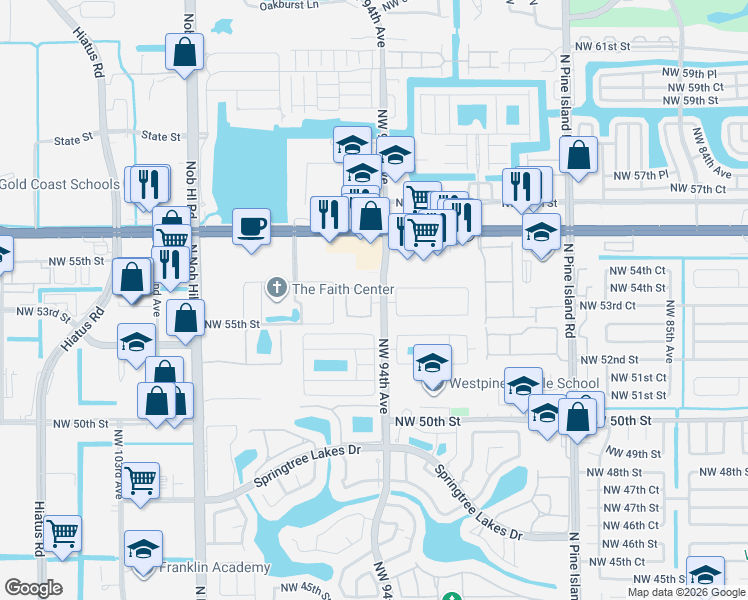 map of restaurants, bars, coffee shops, grocery stores, and more near 9420 Northwest 55th Street in Sunrise