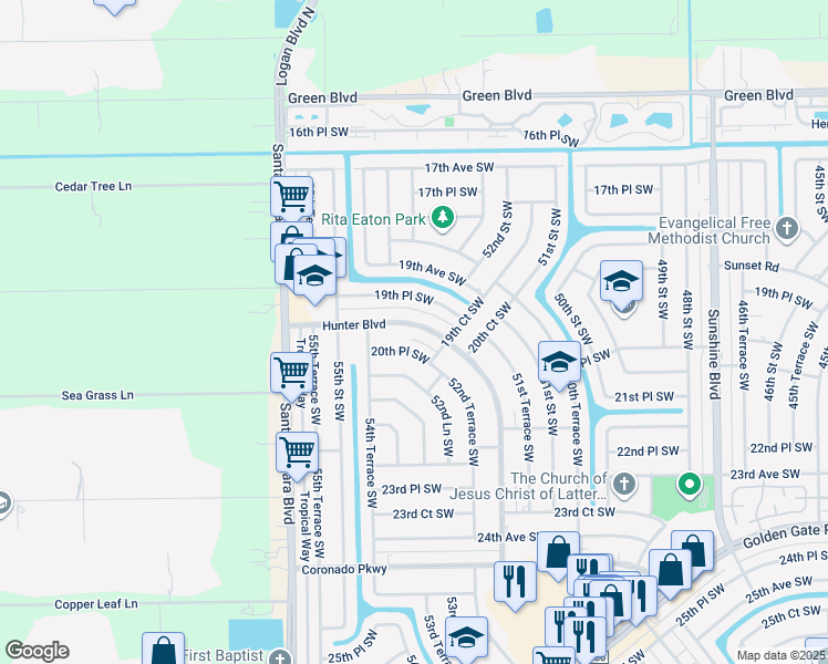map of restaurants, bars, coffee shops, grocery stores, and more near 5281 Hunter Boulevard in Naples