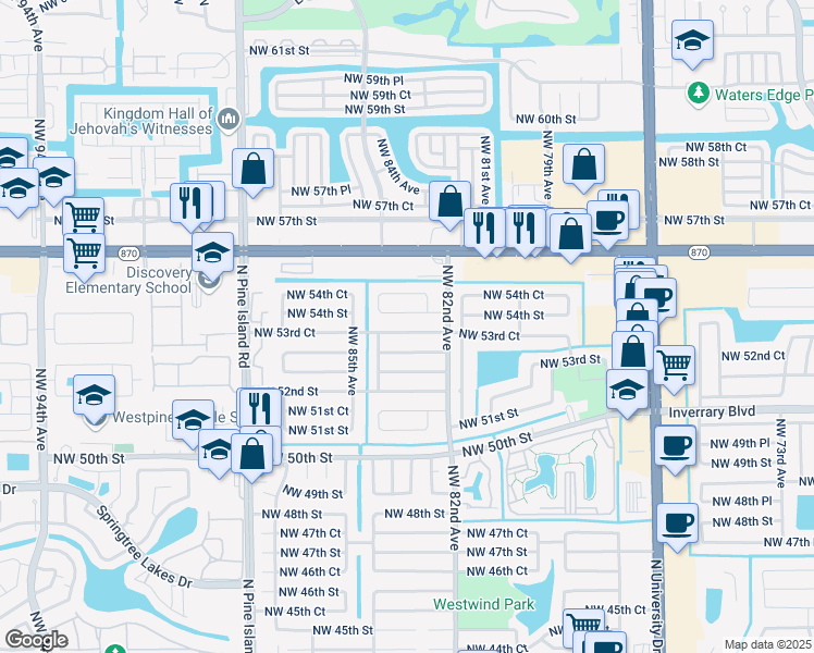 map of restaurants, bars, coffee shops, grocery stores, and more near 8310 Northwest 82nd Terrace in Lauderhill
