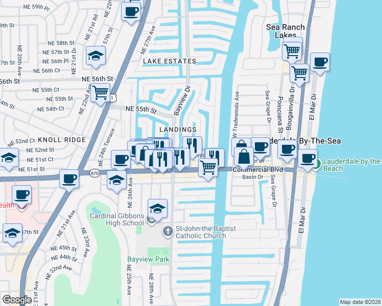 map of restaurants, bars, coffee shops, grocery stores, and more near 5201 Northeast 31st Avenue in Fort Lauderdale