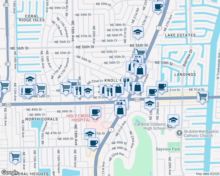map of restaurants, bars, coffee shops, grocery stores, and more near 2131 Northeast 52nd Street in Fort Lauderdale