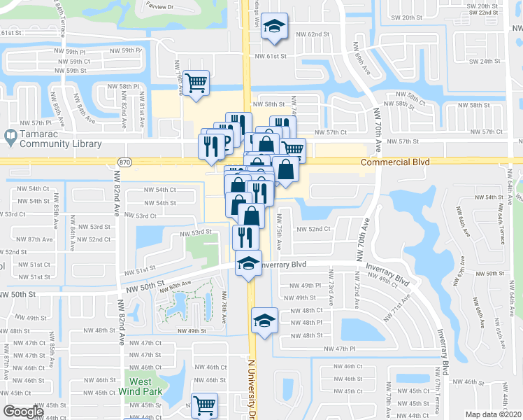 map of restaurants, bars, coffee shops, grocery stores, and more near 5460 North University Drive in Lauderhill