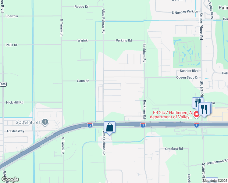 map of restaurants, bars, coffee shops, grocery stores, and more near 119-129 Palm Tree Drive in Harlingen