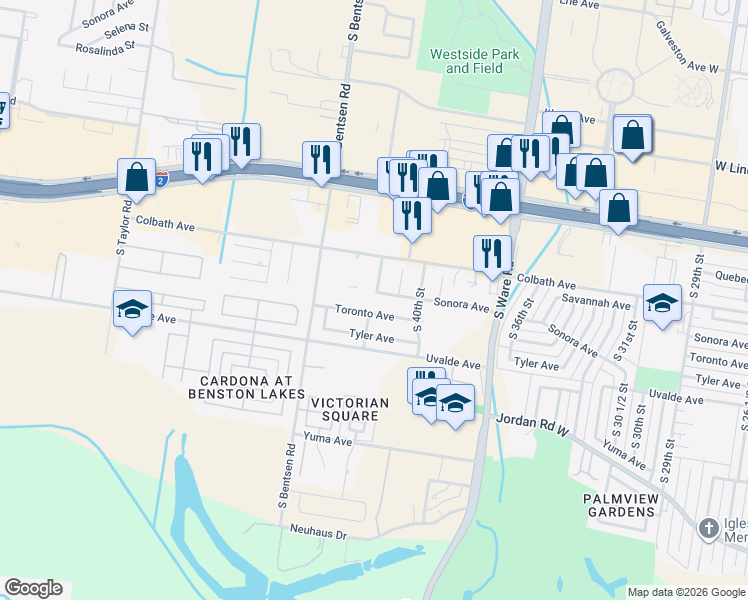 map of restaurants, bars, coffee shops, grocery stores, and more near 2020 South 42nd Street in McAllen