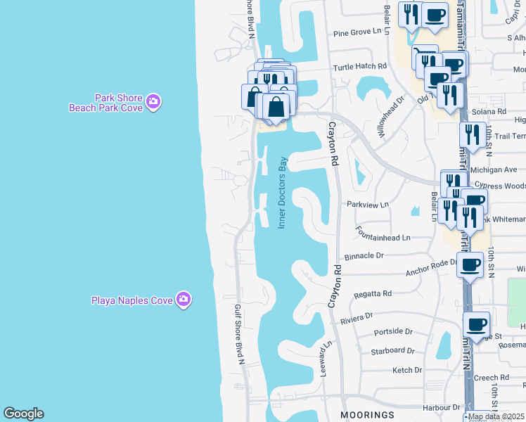 map of restaurants, bars, coffee shops, grocery stores, and more near 4000 Gulf Shore Boulevard North in Naples