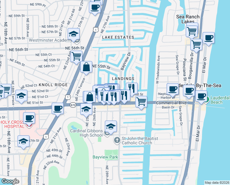 map of restaurants, bars, coffee shops, grocery stores, and more near 2920 Northeast 52nd Street in Fort Lauderdale