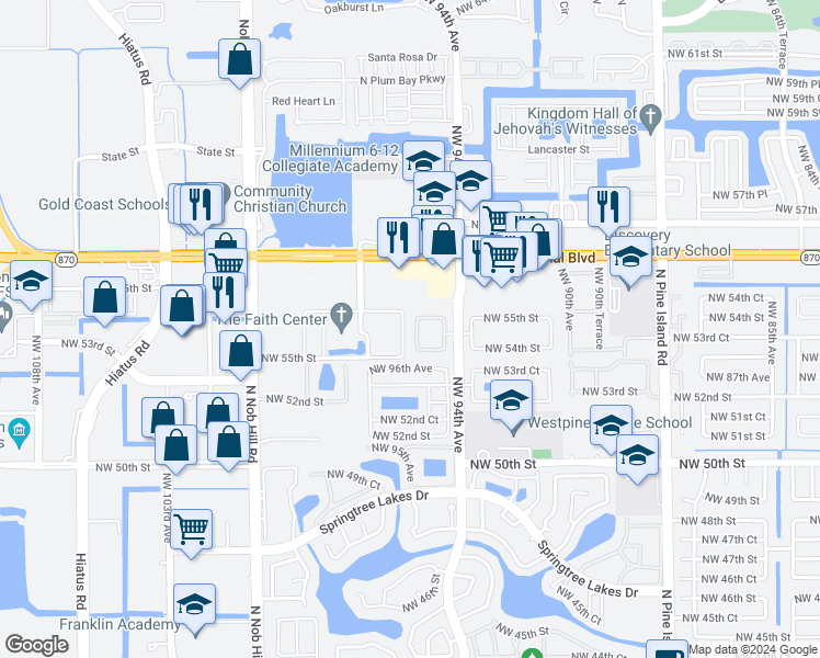 map of restaurants, bars, coffee shops, grocery stores, and more near 5461 Northwest 95th Avenue in Sunrise