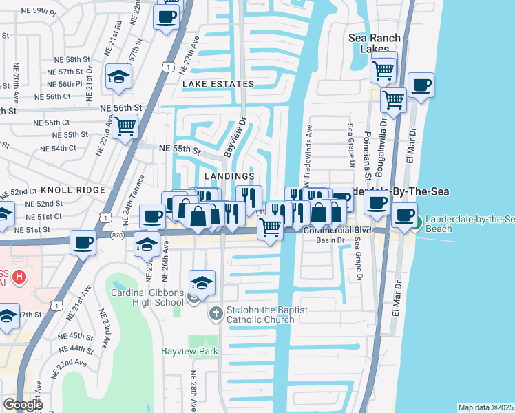 map of restaurants, bars, coffee shops, grocery stores, and more near 5200 Northeast 32nd Avenue in Fort Lauderdale