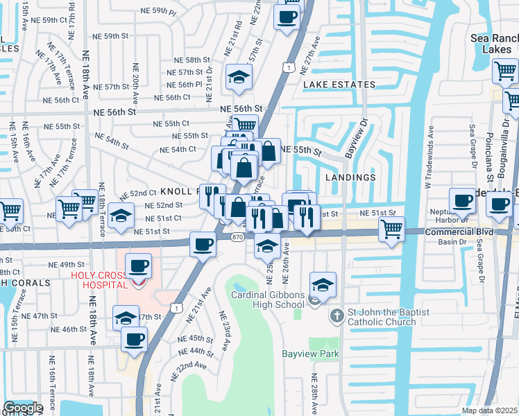 map of restaurants, bars, coffee shops, grocery stores, and more near 2455 Northeast 51st Street in Fort Lauderdale