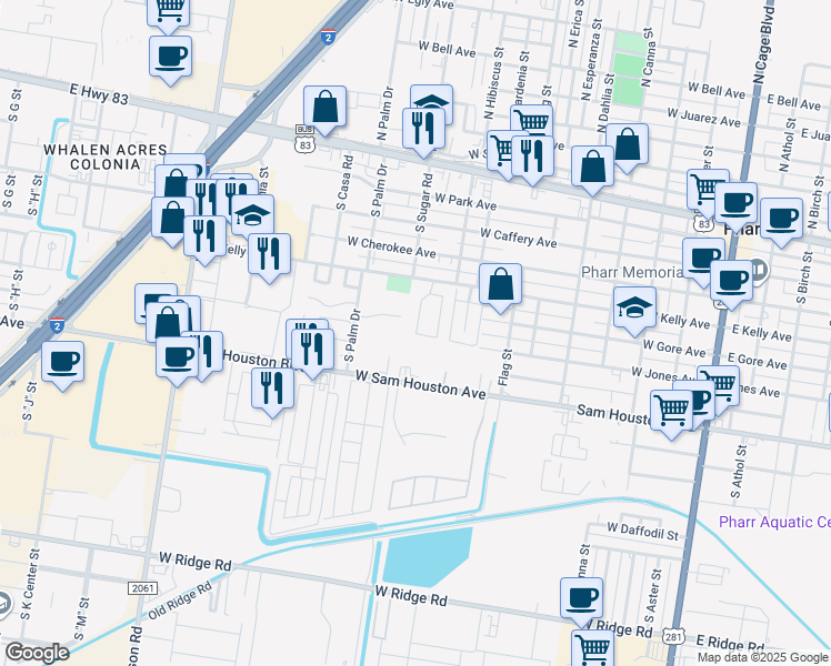 map of restaurants, bars, coffee shops, grocery stores, and more near 517 South Sugar Road in Pharr