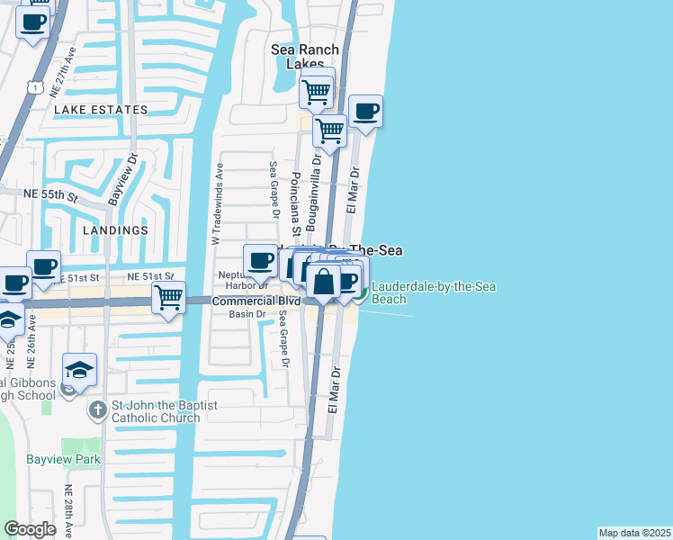 map of restaurants, bars, coffee shops, grocery stores, and more near 4444 El Mar Drive in Lauderdale-by-the-Sea