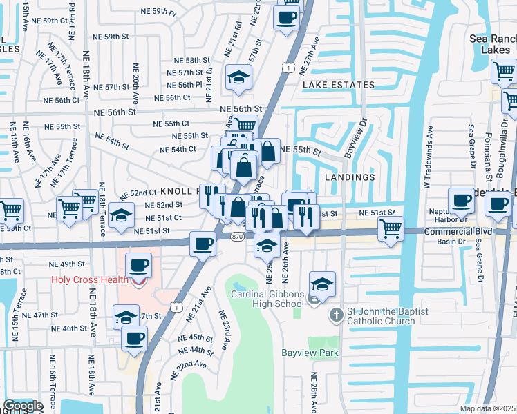 map of restaurants, bars, coffee shops, grocery stores, and more near 2455 Northeast 51st Street in Fort Lauderdale