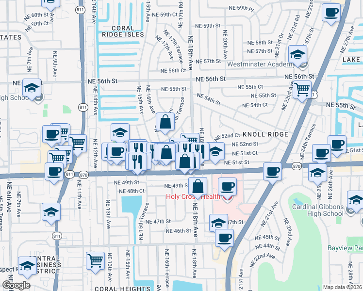 map of restaurants, bars, coffee shops, grocery stores, and more near 5130 Northeast 17th Avenue in Fort Lauderdale