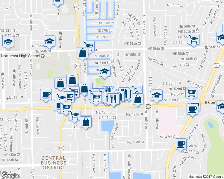 map of restaurants, bars, coffee shops, grocery stores, and more near 5130 Northeast 14th Terrace in Fort Lauderdale