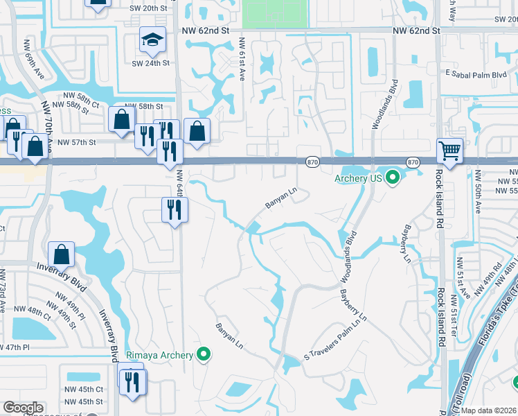 map of restaurants, bars, coffee shops, grocery stores, and more near 5401 Banyan Lane in Tamarac