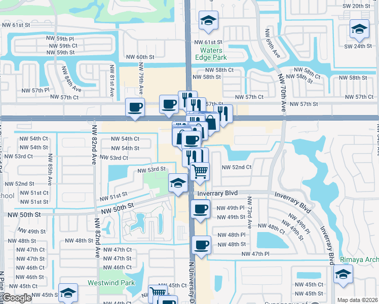 map of restaurants, bars, coffee shops, grocery stores, and more near 5460 North University Drive in Lauderhill