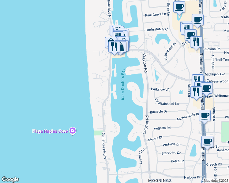map of restaurants, bars, coffee shops, grocery stores, and more near 4000 Gulf Shore Boulevard North in Naples