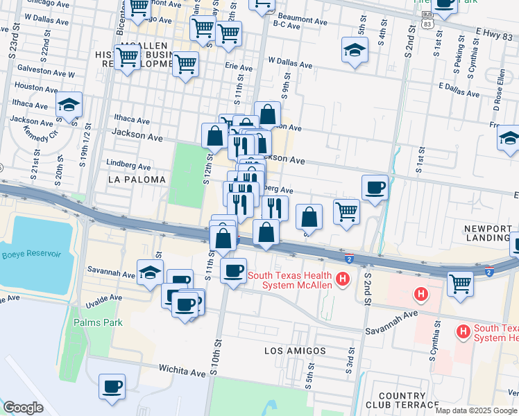 map of restaurants, bars, coffee shops, grocery stores, and more near 1300 South 9th Street in McAllen
