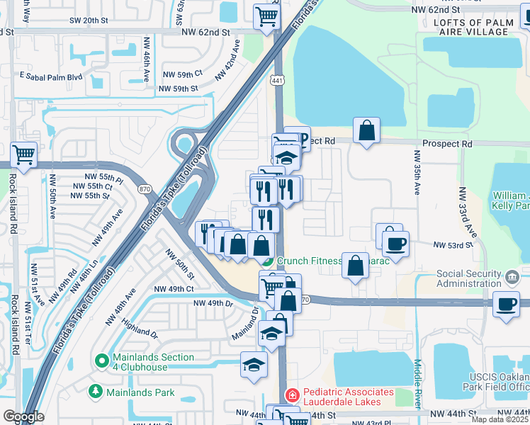 map of restaurants, bars, coffee shops, grocery stores, and more near 5447 North State Road 7 in Tamarac