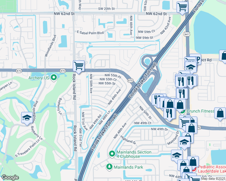 map of restaurants, bars, coffee shops, grocery stores, and more near 5405 Northwest 49th Terrace in Tamarac