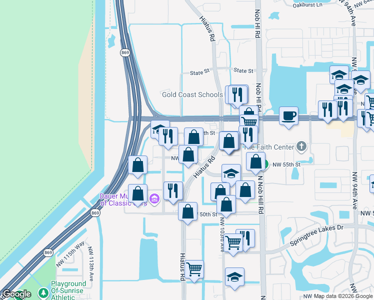 map of restaurants, bars, coffee shops, grocery stores, and more near 10603 Northwest 53rd Street in Sunrise