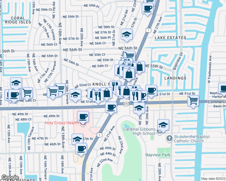 map of restaurants, bars, coffee shops, grocery stores, and more near 2312 Northeast 53rd Street in Fort Lauderdale