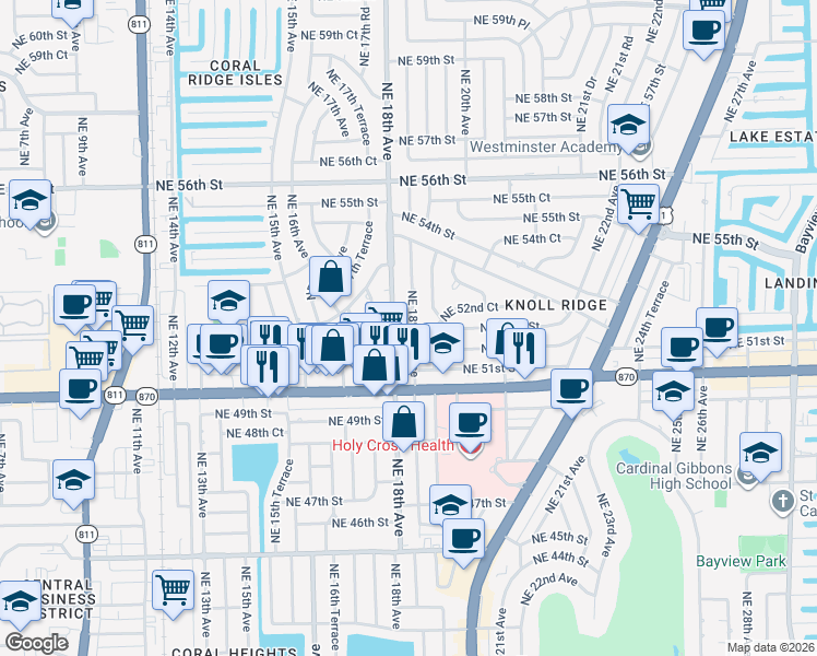 map of restaurants, bars, coffee shops, grocery stores, and more near 5180 Northeast 18th Avenue in Fort Lauderdale