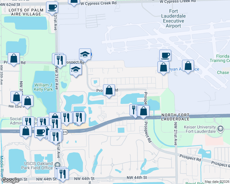 map of restaurants, bars, coffee shops, grocery stores, and more near 2702 Northwest 53rd Street in Fort Lauderdale