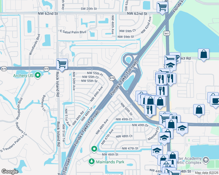 map of restaurants, bars, coffee shops, grocery stores, and more near 5504 Northwest 48 Lane in Lauderhill