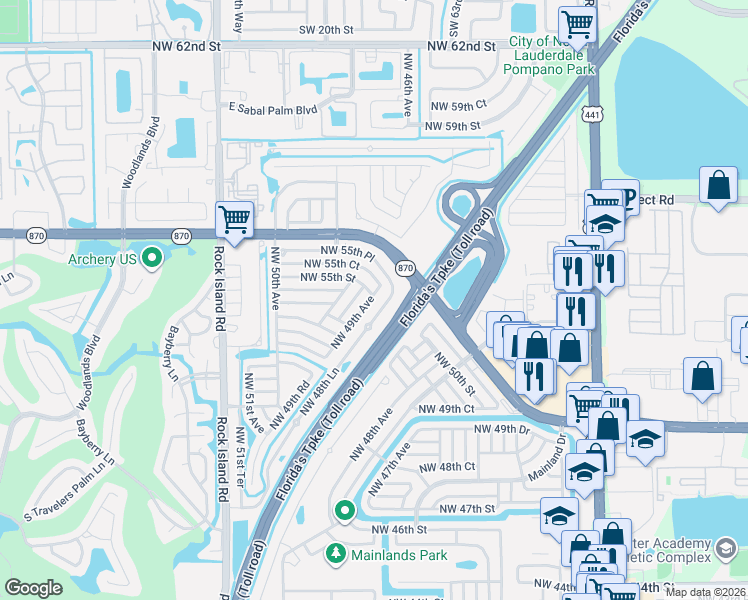map of restaurants, bars, coffee shops, grocery stores, and more near 5405 Northwest 49th Terrace in Tamarac