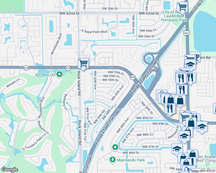map of restaurants, bars, coffee shops, grocery stores, and more near 4918 Northwest 54th Court in Tamarac
