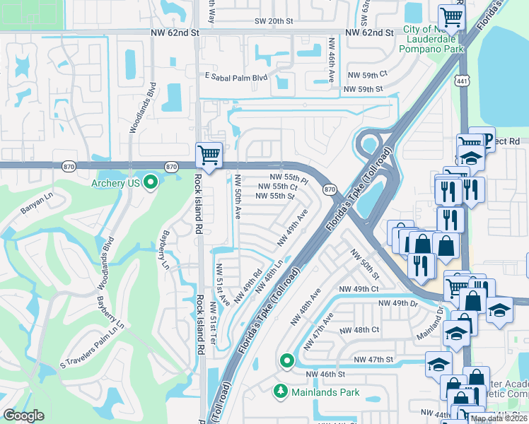 map of restaurants, bars, coffee shops, grocery stores, and more near 4918 Northwest 54th Court in Tamarac