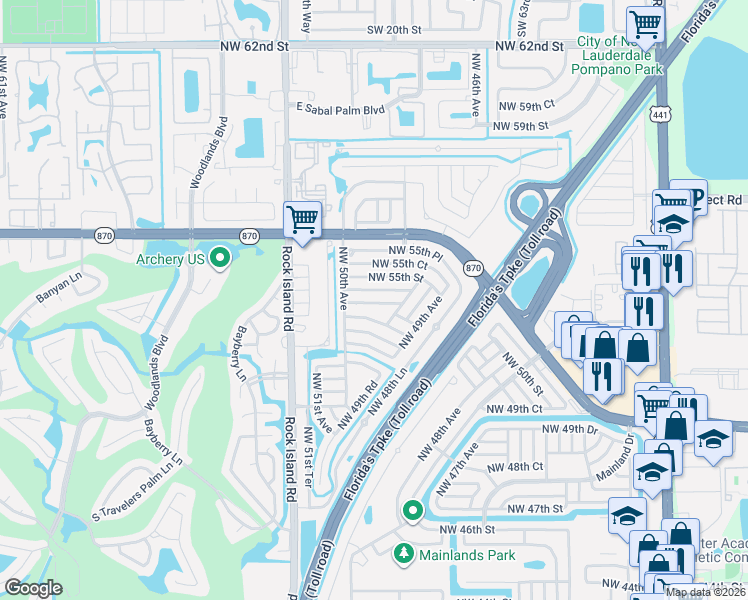 map of restaurants, bars, coffee shops, grocery stores, and more near 4918 Northwest 54th Court in Tamarac