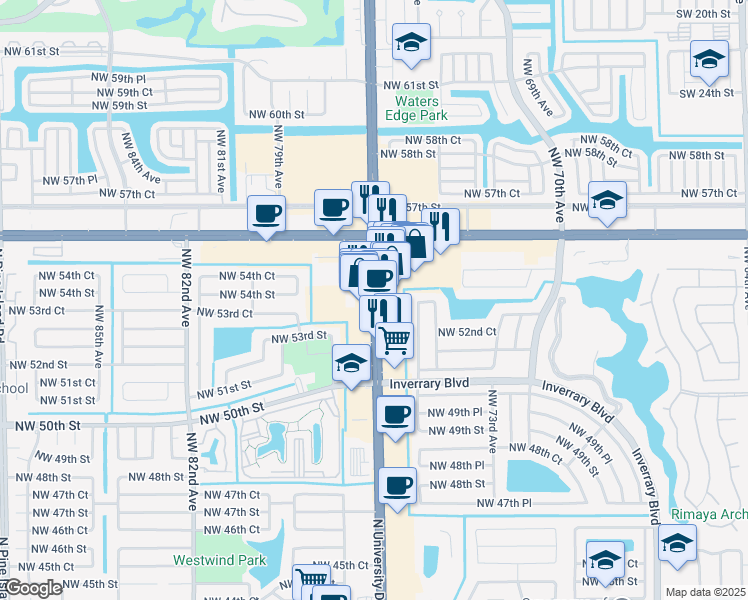 map of restaurants, bars, coffee shops, grocery stores, and more near 5460 North University Drive in Lauderhill