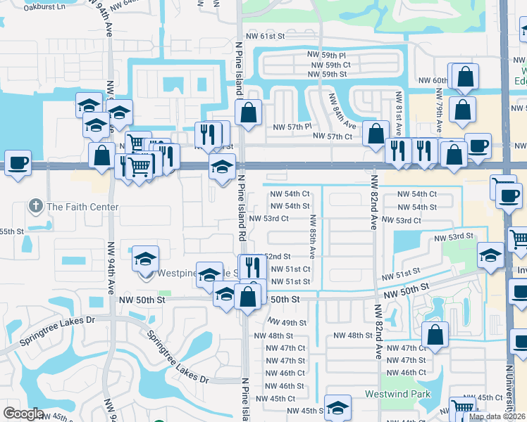 map of restaurants, bars, coffee shops, grocery stores, and more near 8630 Northwest 54th Street in Lauderhill