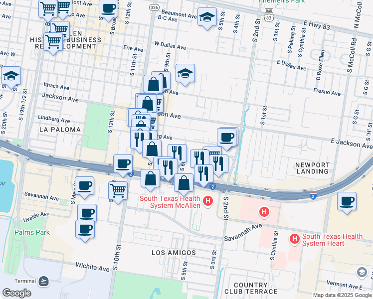 map of restaurants, bars, coffee shops, grocery stores, and more near 521 Lindberg Avenue in McAllen