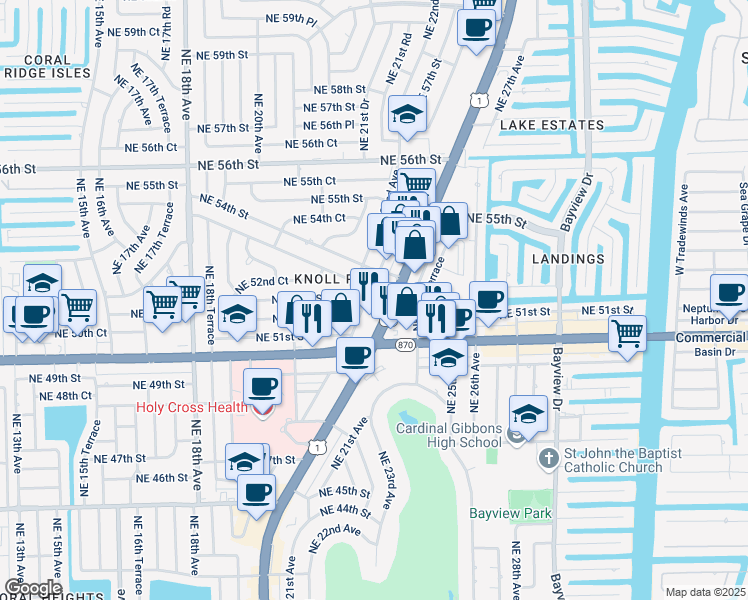 map of restaurants, bars, coffee shops, grocery stores, and more near 2312 Northeast 53rd Street in Fort Lauderdale
