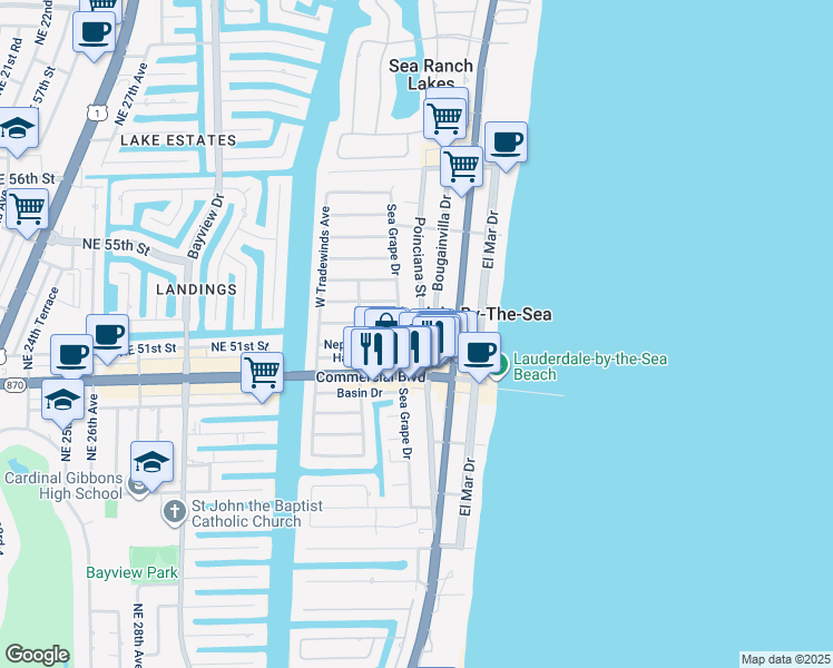 map of restaurants, bars, coffee shops, grocery stores, and more near 4430 Sea Grape Drive in Lauderdale-by-the-Sea