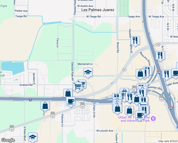 map of restaurants, bars, coffee shops, grocery stores, and more near 3514 Park Lane East in Harlingen