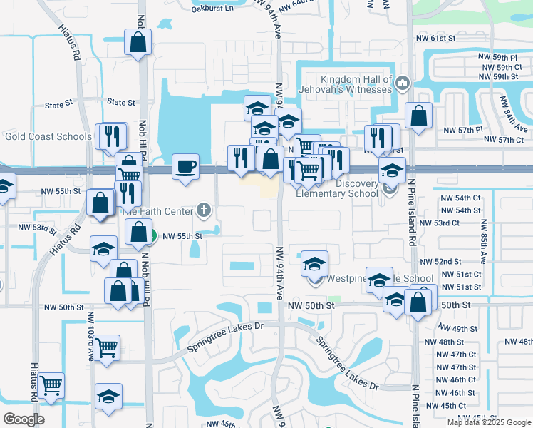 map of restaurants, bars, coffee shops, grocery stores, and more near 9420 Northwest 55th Street in Sunrise
