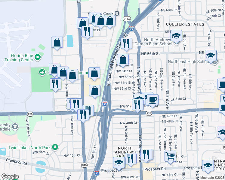 map of restaurants, bars, coffee shops, grocery stores, and more near 5232 Northwest 5th Avenue in Fort Lauderdale