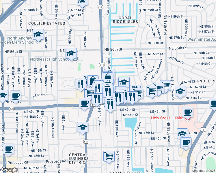 map of restaurants, bars, coffee shops, grocery stores, and more near 5181 Northeast 12th Avenue in Oakland Park