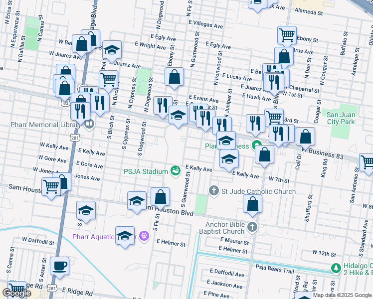 map of restaurants, bars, coffee shops, grocery stores, and more near 301 South Gumwood Street in Pharr
