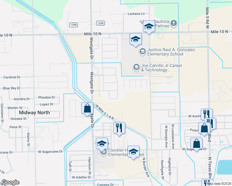 map of restaurants, bars, coffee shops, grocery stores, and more near 1311 Eucalyptus Street in Weslaco