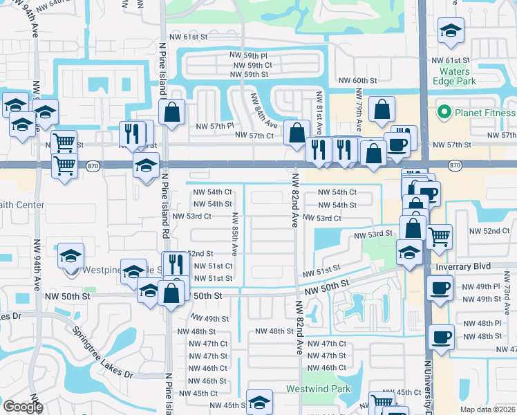 map of restaurants, bars, coffee shops, grocery stores, and more near 8310 Northwest 82nd Terrace in Lauderhill