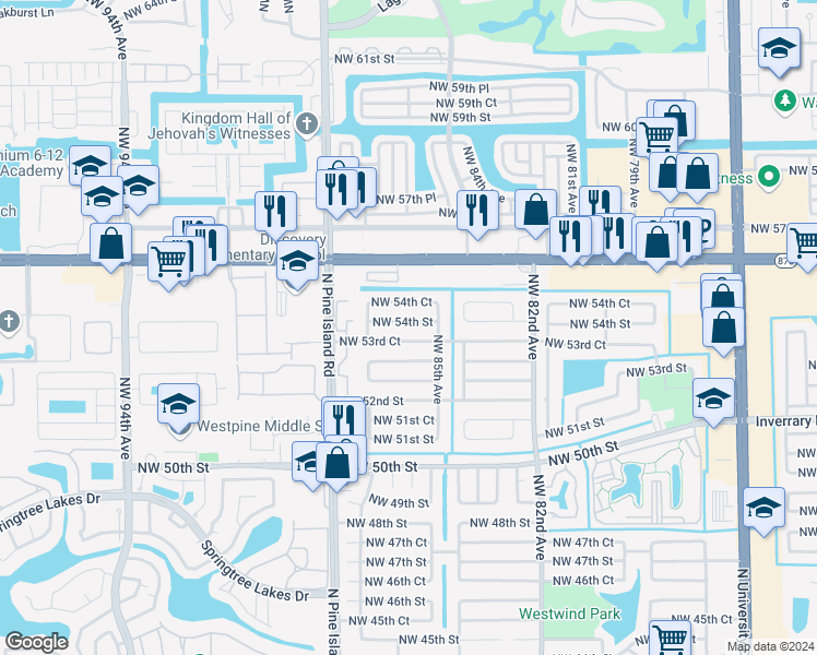 map of restaurants, bars, coffee shops, grocery stores, and more near 8540 Northwest 54th Street in Lauderhill