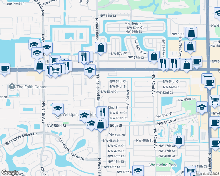 map of restaurants, bars, coffee shops, grocery stores, and more near 8630 Northwest 54th Street in Lauderhill