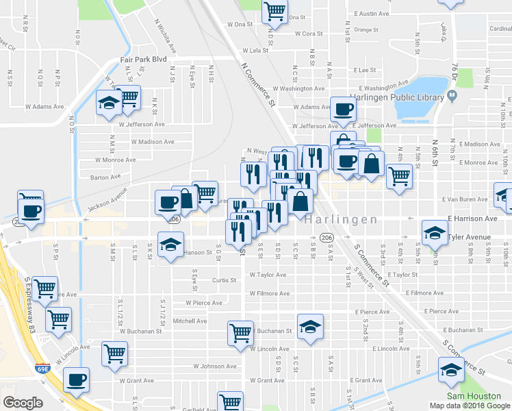 map of restaurants, bars, coffee shops, grocery stores, and more near 603 West Van Buren Avenue in Harlingen