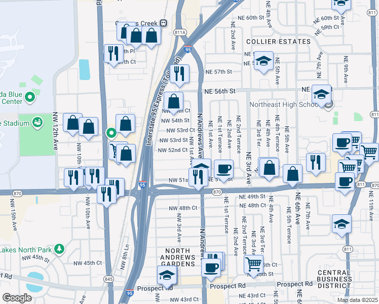 map of restaurants, bars, coffee shops, grocery stores, and more near 100 Northwest 52nd Court in Fort Lauderdale