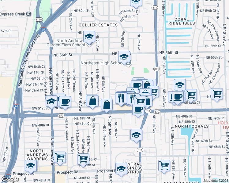 map of restaurants, bars, coffee shops, grocery stores, and more near 5217 Northeast 6th Avenue in Fort Lauderdale